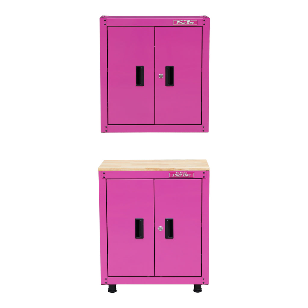 The Original Pink Box 28-inch wall cabinet and base cabinet with wood top bundle in pink