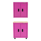 The Original Pink Box 28-inch wall cabinet and base cabinet with wood top bundle in pink