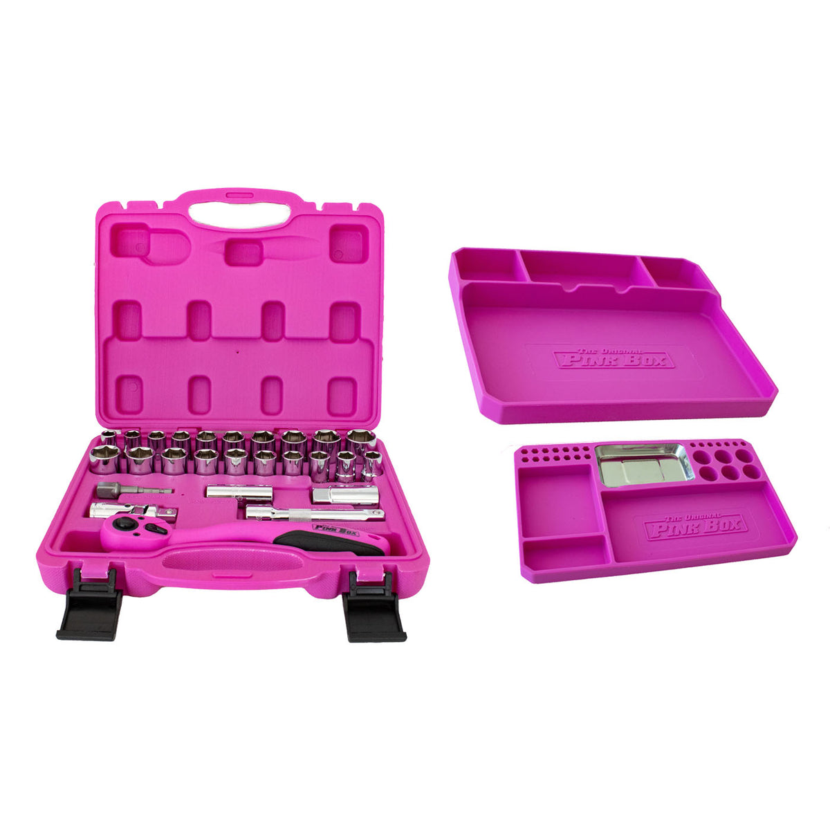 Pink 26-piece 1/2-inch drive socket set with open storage case and two flexible silicone tool trays.