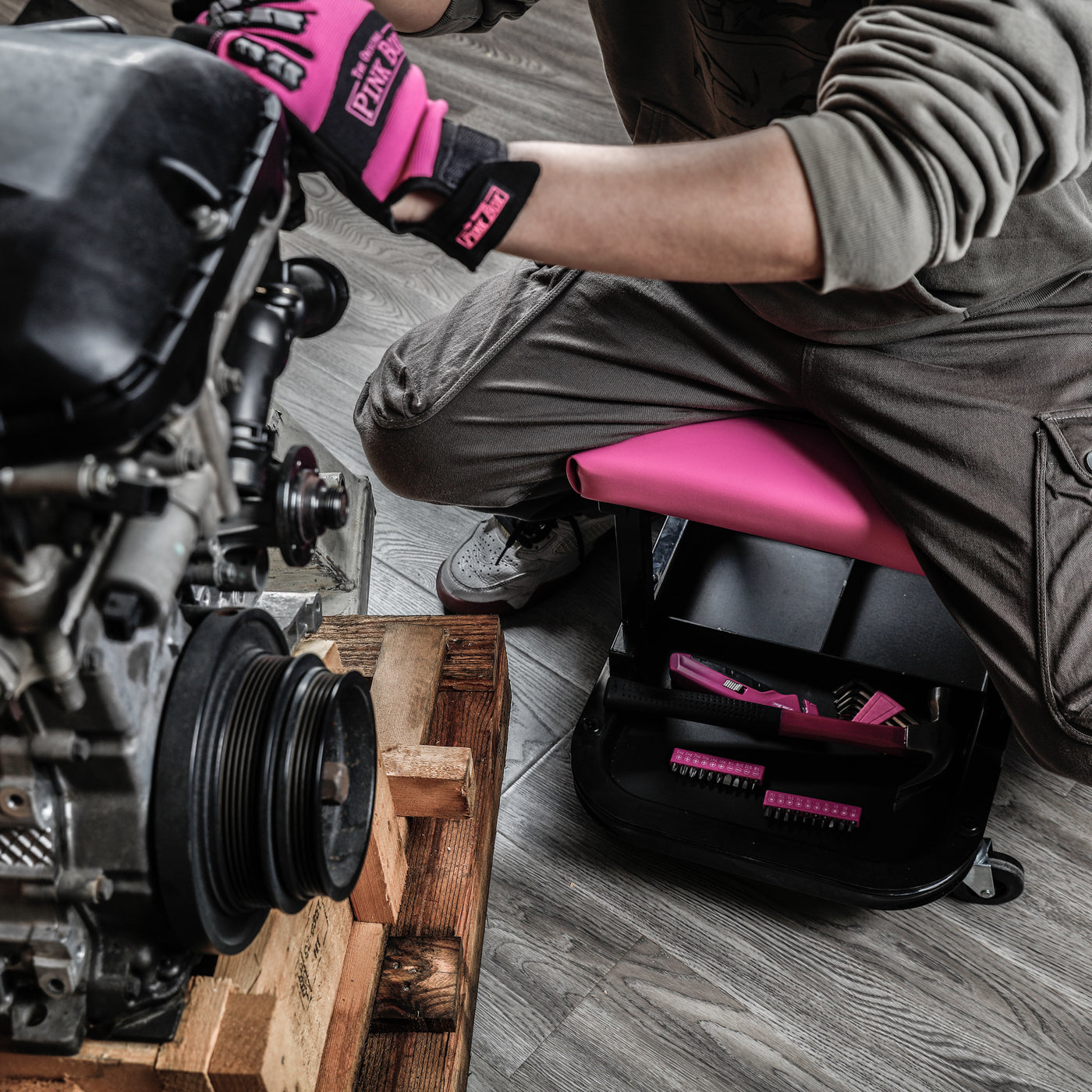 Pink Mechanics Creeper Seat with Tool Tray | The Original Pink Box