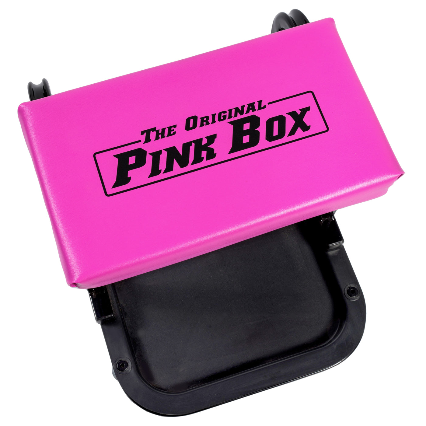 Top view of pink padded creeper seat with The Original Pink Box logo and storage tray below