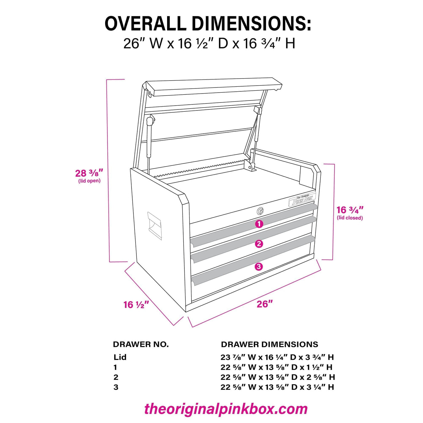 26-Inch 3-Drawer Pink Top Tool Chest | The Original Pink Box