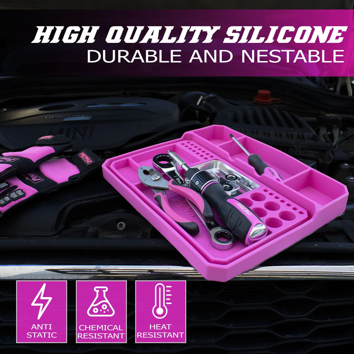 2-Piece Flexible Silicone Tool & Parts Tray with Magnet | Pink Box