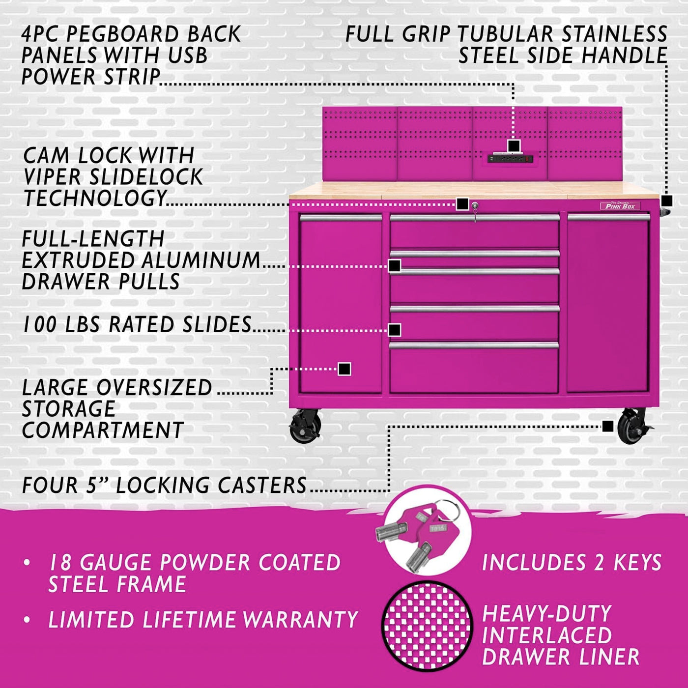 60-Inch 7-Drawer Pink Rolling Workstation | The Original Pink Box