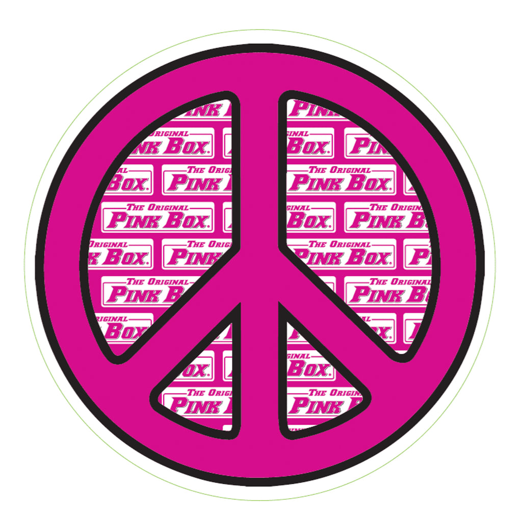 Pink peace symbol with The Original Pink Box logo pattern background